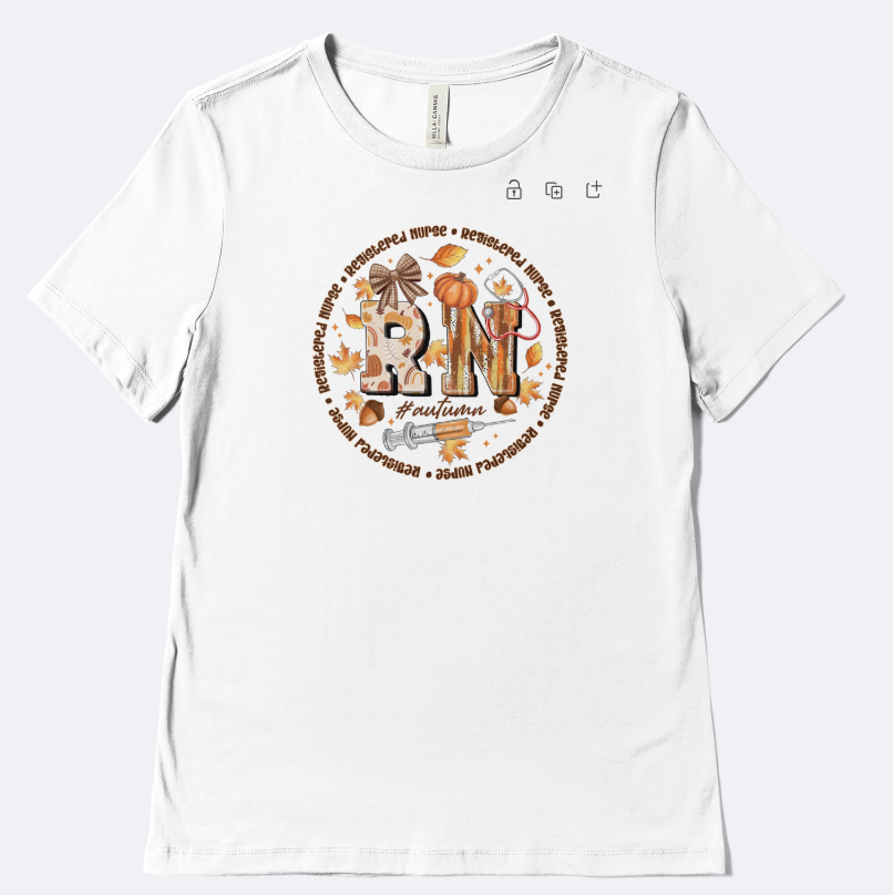White t-shirt with 'RN' and autumn-themed design on a white background